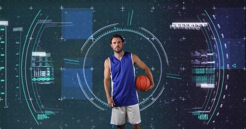 Basketball Player with Futuristic Data Interface Background