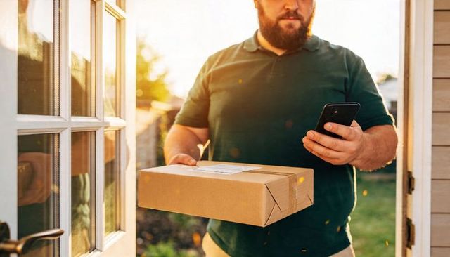 Courier Holding Cardboard Parcel While Checking Smartphone at Sunlit Home Doorstep