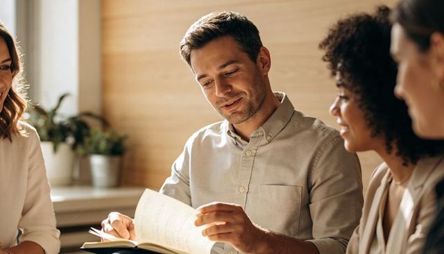 Man flipping notebook pages and reviewing notes during sunlit small office meeting