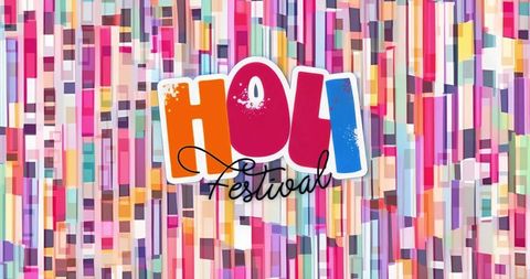 Holi festival color explosion typography on abstract block pattern with paint splatter