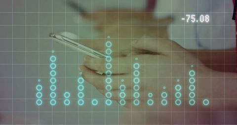 Hands holding smartphone with teal holographic data visualization and grid overlay