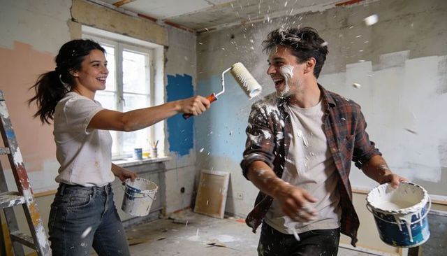 Playful couple having paint fight during DIY room renovation with rollers and ladder