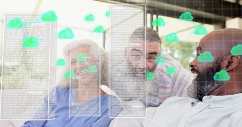 Senior adults smiling and connecting with cloud computing overlay in modern living room
