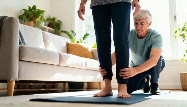 Kneeling caregiver assisting senior with balance exercises on mat in living room