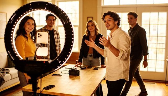 Creators Collaborating Around Ring Light and Smartphone for Live Streaming