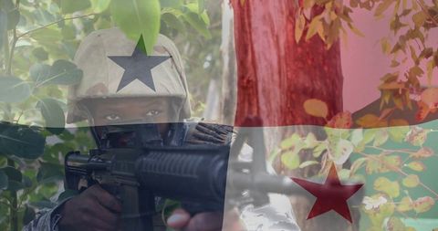 Aiming Soldier Concealing in Foliage with Flag Overlay for Military Readiness Concept