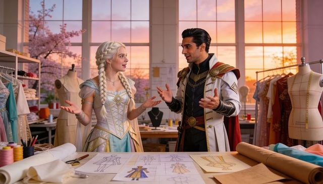Designers discussing ornate gown and regal cape over costume sketches in atelier sunset studio