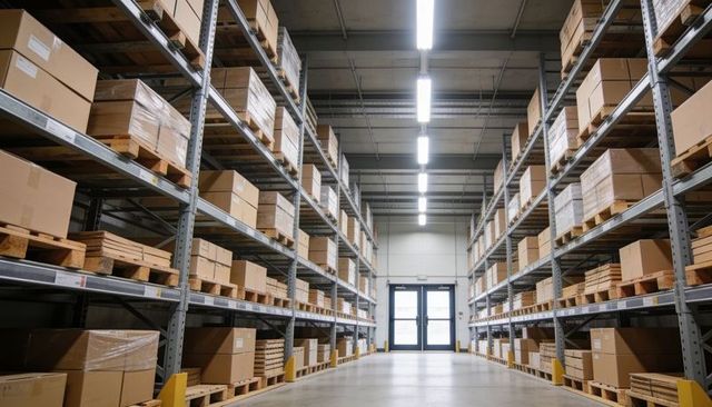 Central aisle modern warehouse pallet racking stacked boxes distribution logistics center