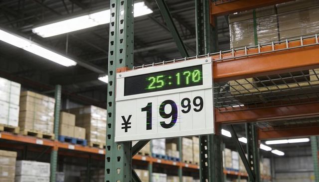 Displaying ¥19.99 on led price sign hanging from green rack column in warehouse aisle