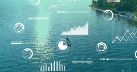 Aerial view two men piloting boat on sunlit lake with marine analytics hud overlays