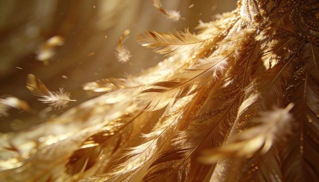 Shimmering golden feather costume gliding in warm light with metallic beads and opulent plumes