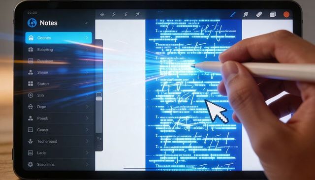 Right hand holding white stylus editing blue code panel on tablet with Notes sidebar