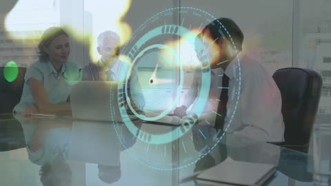 Team Discussion in Modern Office with Digital Interface Overlay