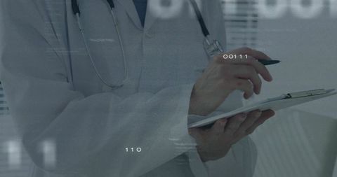 Doctor Recording Patient Data on Clipboard in Clinical Environment