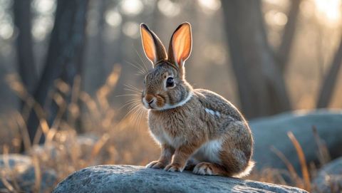 Wild cottontail rabbit enjoying golden sunlight on rocky forest outcrop