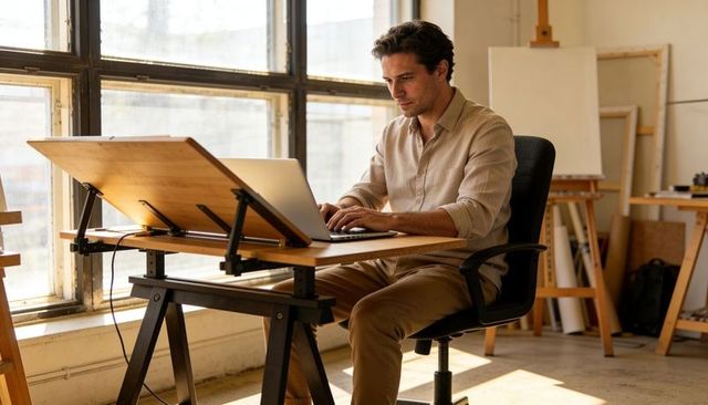 Working designer using laptop at drafting table in sunlit industrial artist studio