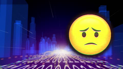 Confused Emoji Amid Digital Binary Cityscape