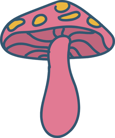 Whimsical pink mushroom with yellow spots on transparent background