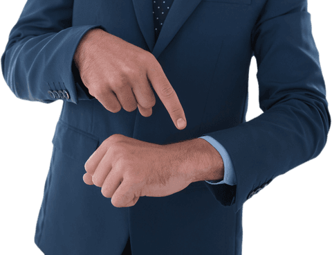 Businessman Gesturing Immense Device on Transparent Background