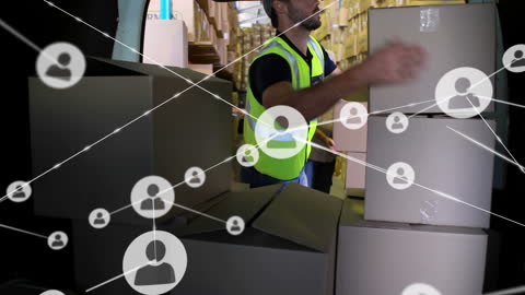 Modern Warehouse Workers with Digital Network Overlay