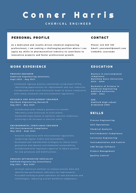 This resume template is geared towards chemical engineers presenting their professional background. Highlighting education, relevant experience, and skills in process engineering, compliance engineering, and project management, it helps candidates stand out in job applications. Ideal for creating a professional first impression in job hunts, networking events, and online profiles.
