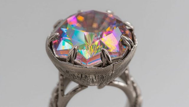 Iridescent Faceted Crystal Ring Featuring Ornate Claw Prongs and Antique Metal Band