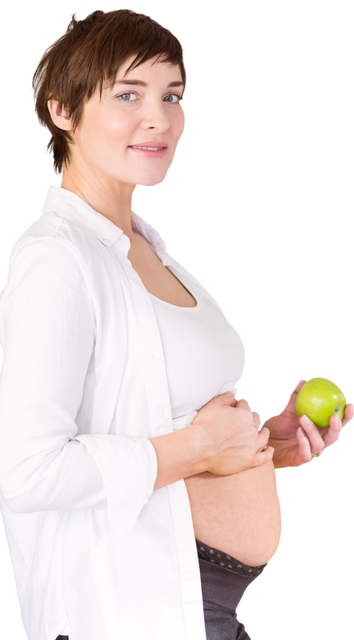 Transparent Pregnant Woman Holding Green Apple Smiling in White Shirt - Download Free Stock Videos Pikwizard.com