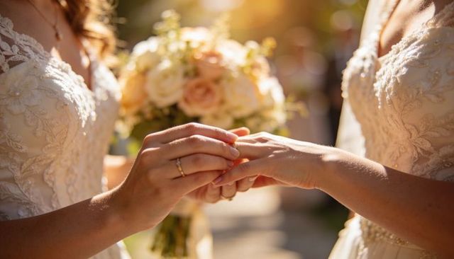 Two brides exchanging rings in sunlit romantic ceremony with lace gowns and bouquet