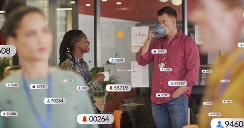 Sipping coffee and chatting in modern coworking space with notification overlays