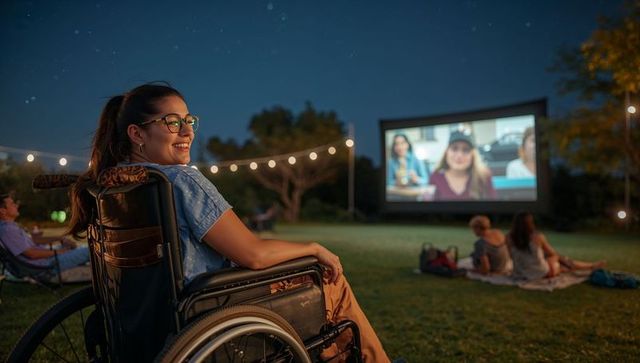 Smiling woman in wheelchair enjoying outdoor movie night under string lights