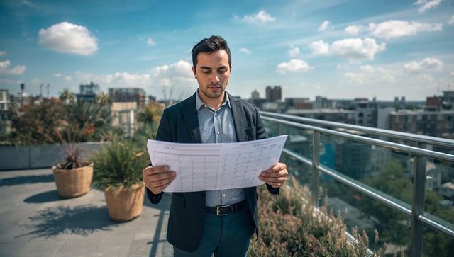 Urban architect studying blueprint on rooftop terrace with glass railing and city skyline