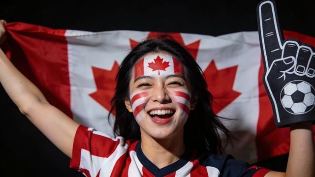 Young sports fan cheering with canada flag, face paint and foam finger at night game