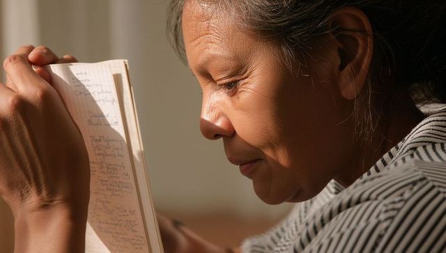 Middle-aged asian woman reading handwritten notebook close to face in warm sunlight