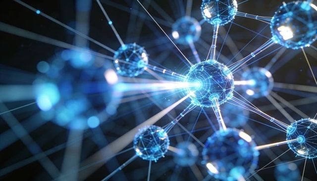 Neon network nodes forming blue digital mesh with central glowing pulse and data beams