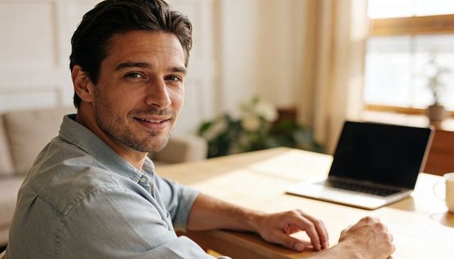 Smiling remote worker typing on laptop at sunlit minimalist home desk for remote work