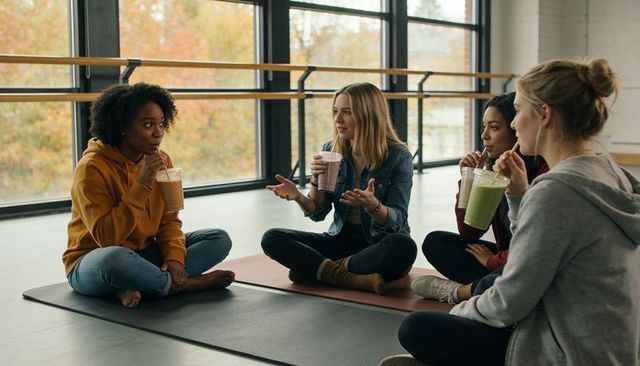 Women chatting and sipping smoothies on yoga mats in wellness studio with autumn light