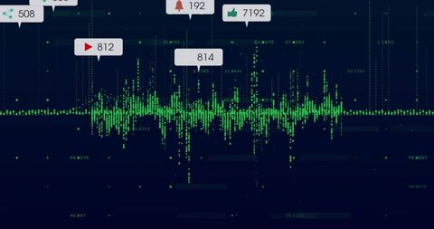 Neon Green Waveform Data Visualization Displaying Social Metric Bubbles on Dark Analytics Dashboard