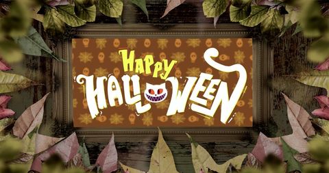 Festive Halloween Sign with Leaf Frame and Spooky Font