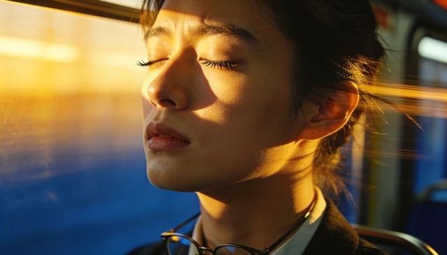 Asian commuter woman basking in golden hour sunlight on bus, close-up portrait