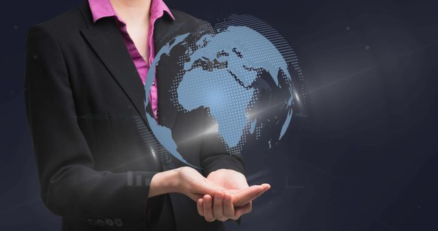 Composition of globe over caucasian businesswoman on black background. Global business and finance concept digitally generated image.