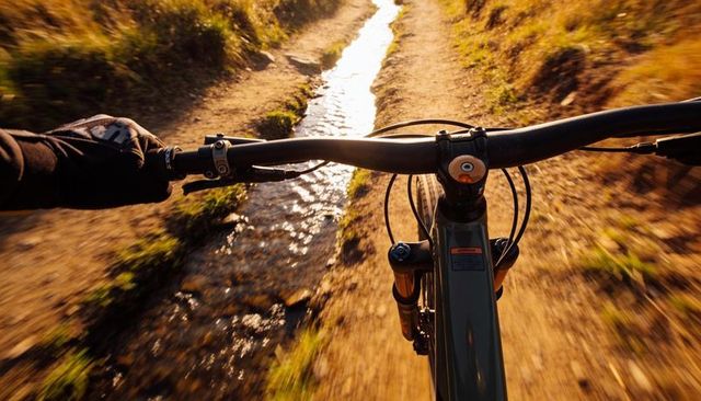 First-person mountain bike ride on golden-hour singletrack trail beside sunlit stream