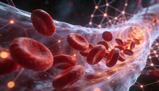 Flowing red blood cells through microvessel with glowing network nodes and plasma fibers
