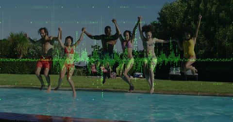 Friends Happily Jumping into Pool with Digital Data Effects