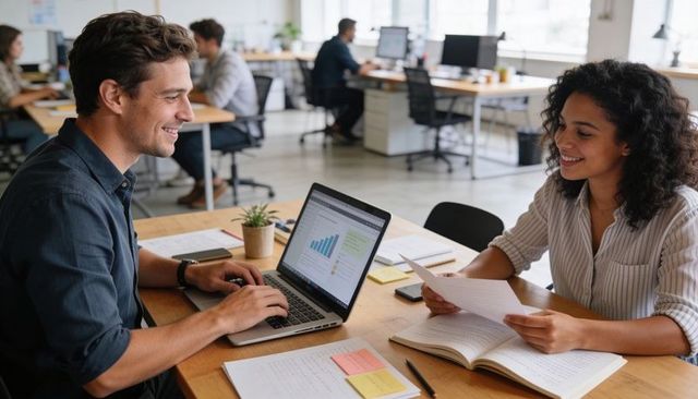 Young professionals collaborating over laptop charts and documents in bright open office
