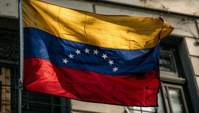 Weathered venezuelan flag fluttering over urban facade backlit tricolor stars tattered close-up