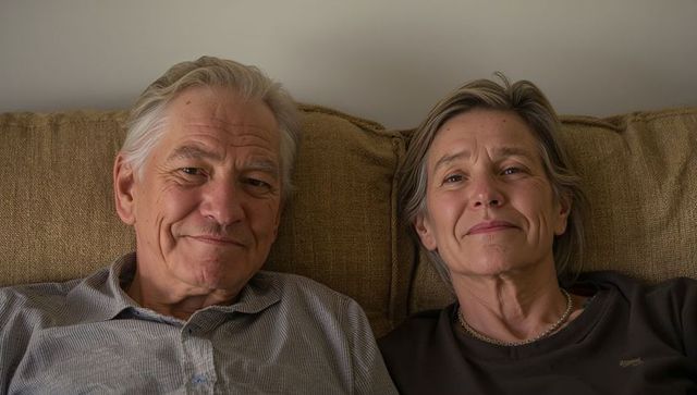 Senior couple relaxing on couch at home warm intimate portrait of mature partners