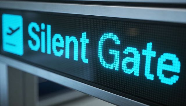 Silent Gate LED Sign Showing Closed Boarding Area Cyan Dot-Matrix Display Closeup