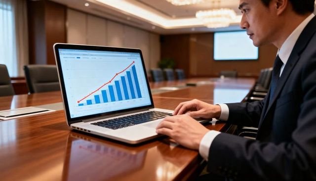 Executive analyzing rising growth chart on laptop in boardroom with copy space