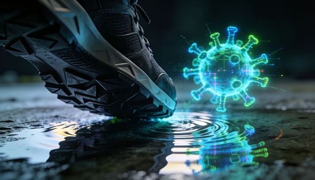 Trail shoe stepping into puddle creating ripples beside neon green-blue virus hologram