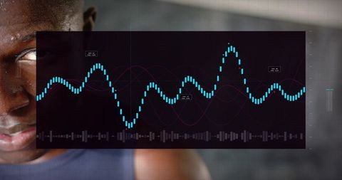 Closeup male athlete with hud overlay tracking cyan waveform heart rate during workout